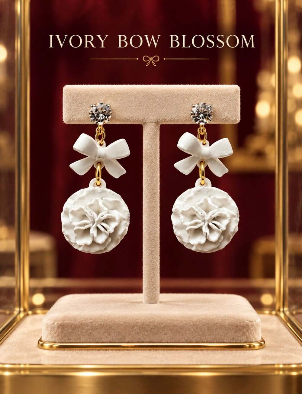 Shey M. Shop Ivory Bow Blossom White Flower Drop Earrings